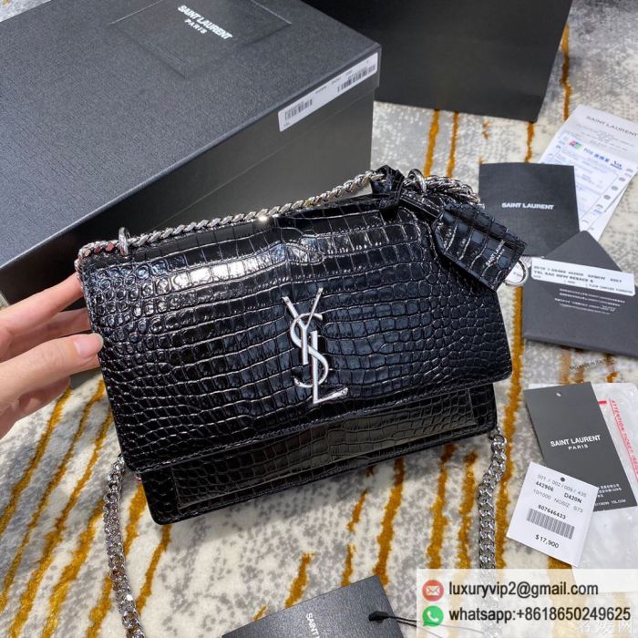 YSL Crocodile pattern sunset 22 442906 Black Silver Buckle Shoulder Bags