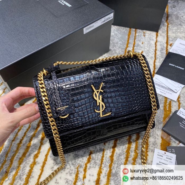 YSL Crocodile pattern sunset 22 442906 Black Gold Buckle Shoulder Bags