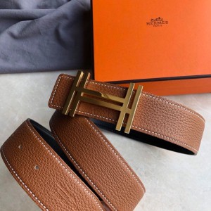 Hermes belt men's stainless steel duplex hanging buckle leather lychee belt gold buckle