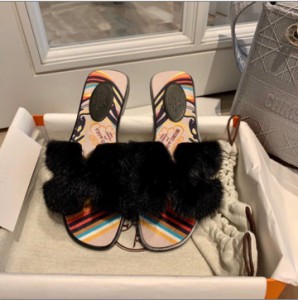 Hermes H drag mink hair black women's sandals slippers