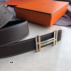 Hermes belt men's stainless steel duplex hanging buckle leather lychee belt silver gold buckle